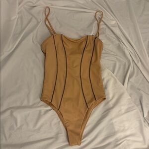 Banshee Swim Iz One Piece - Sand, Slimming Vertical Contour Stripes Nude Beige
